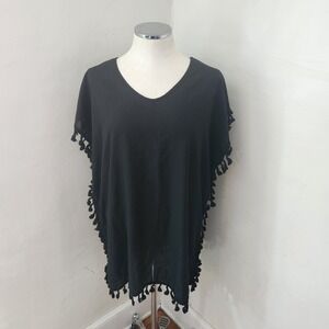 Yincra Black Tassel Trim V-Neck Swimsuit Cover Up Kaftan Dress‎ Womens Large